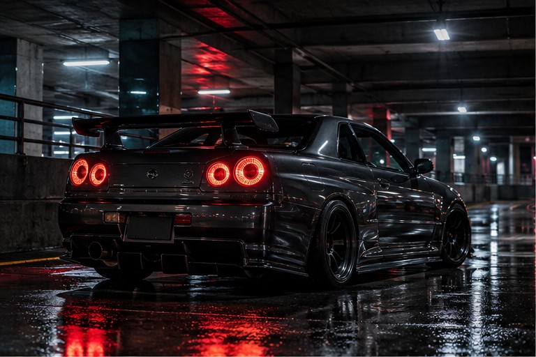Auto sportiva in un garage notturno